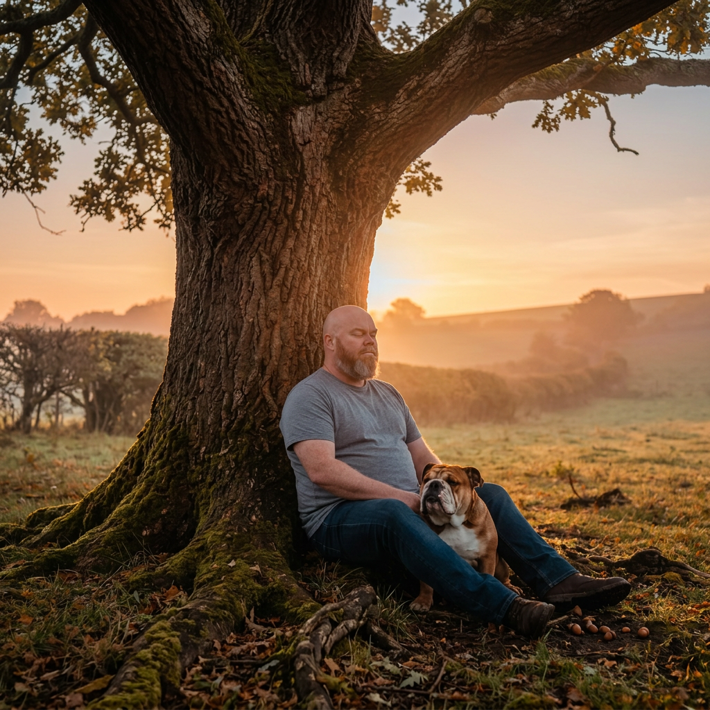 Craig Clements sitting beneath an oak tree at sunset with his English bulldog